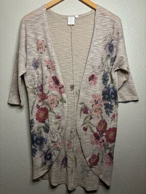 Live In The Moment Floral Open Front Lightweight Beige Cardigan Sweater Boho Sm